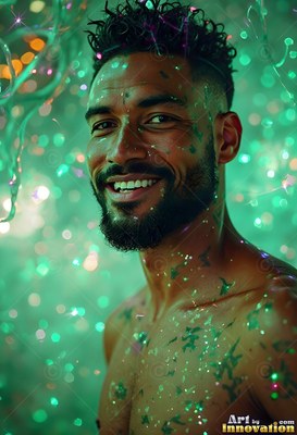 Smiling bearded man covered in wet green specks of light