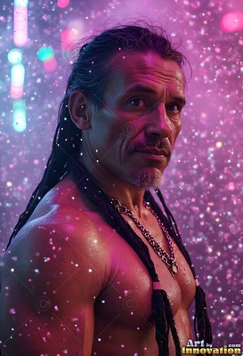 Braided dark hair falls on the shirtless man as purple rain shines around him
