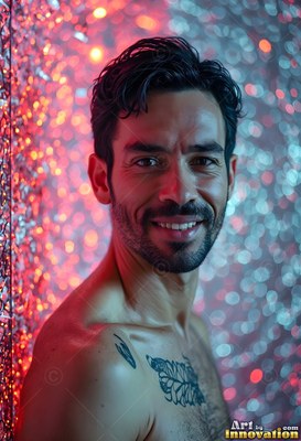 A shirtless man smiles beside a wall of bright red and silver light spots