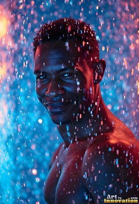 Turned slightly, a happy man stands in rain lit with blue and red light