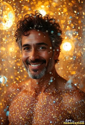 A bare-chested man smiling with graying hair is covered in bright golden drops of water