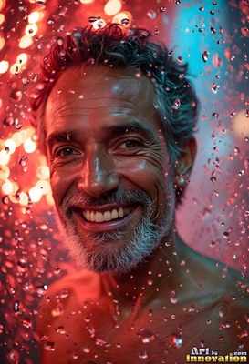In descending water drops, a smiling older man with gray hair is lit by red and blue lights