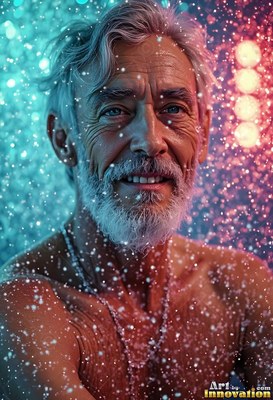 Smiling in falling water, an older man with a white beard is lit by blue and red lights