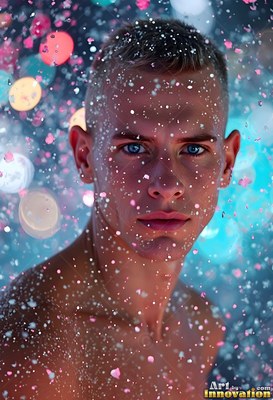 A man with blue eyes looks forward in pink and teal rain