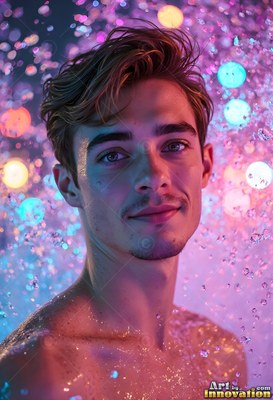 Wet brown hair on a smiling bare-chested man standing under water drops lit by pink light