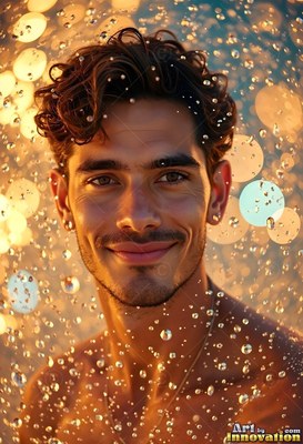 A grinning man stands in falling water droplets lit by warm golden light