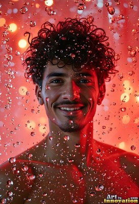 Facing forward in a shower of water droplets, a man with a smile under red light