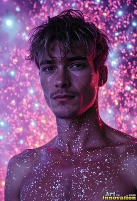 A shirtless man looks ahead in purple light covered in bright drops
