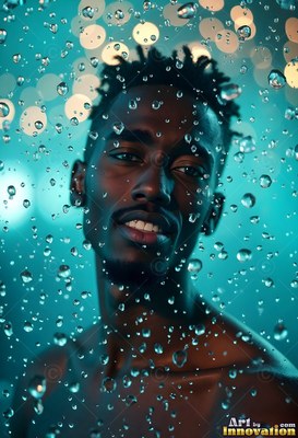 In teal light, a smiling Black man gazes through water droplets