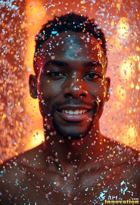 Smiling under water coming down drops, a Black man stands in warm orange light