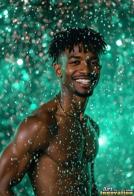 Shirtless man smiling under descending droplets of water in green light