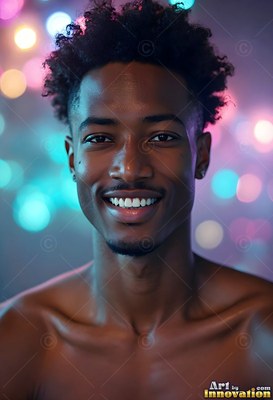 A smiling Black man with curly hair stands bare-shouldered before soft blur of blue and pink lights
