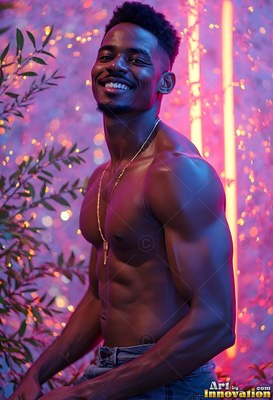 A shirtless man smiles beside green leaves under bright pink and blue lights