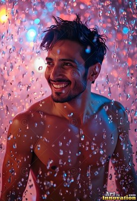 Bare-chested man smiling turned slightly under falling rain in pink light