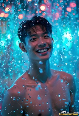 A smiling shirtless man stands in water coming down lit by bright blue and pink lights