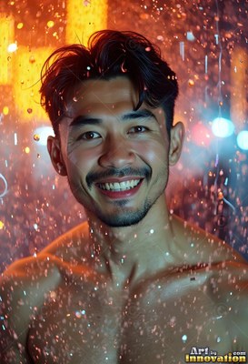 Under warm city lights, a shirtless man with a smile stands in water falling down droplets