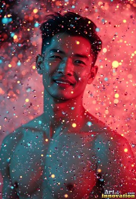 Smiling through descending water drops, a bare-chested man stands in red and teal light