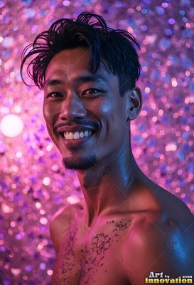 Man smiling in purple and pink bokeh light