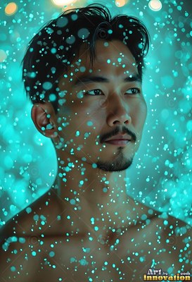 Wet dark hair frames a shirtless man standing in a spray of bright drops lit by blue light