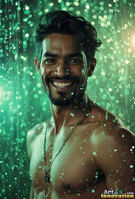 A man with a smile stands shirtless as bright water droplets fall through green light