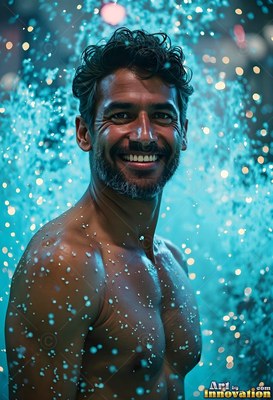 Turned sideways in falling water, a shirtless man smiles under blue light