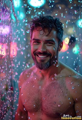 A shirtless smiling bearded man stands in descending water under colorful lights