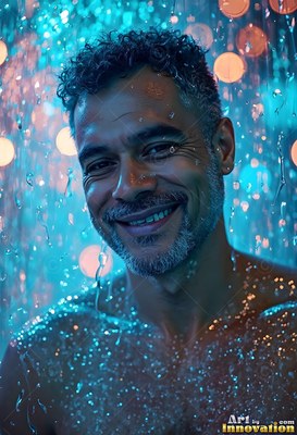In cool blue light, a man with a smile without a shirt stands under falling water