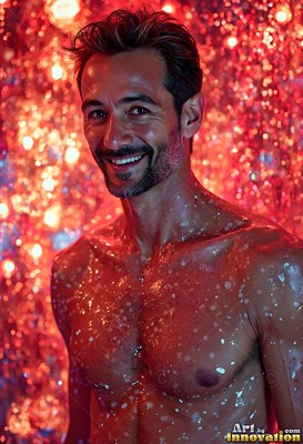 Smiling warmly, a shirtless man stands covered in droplets of water under red light