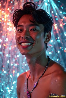 Shirtless man with a smile surrounded by blue and pink lights