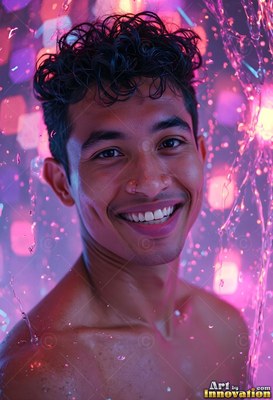 A smiling man with wet curly dark hair stands under water falling down in bright pink light