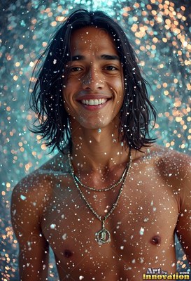 A smiling bare-chested man stands in falling water droplets backlit with blue light