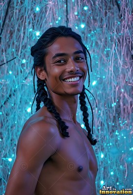 Turned sideways, a smiling bare-chested man stands before tiny blue lights