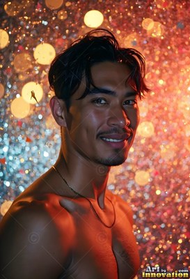 A bare-chested man smiling stands in front of warm, blurred circles of light