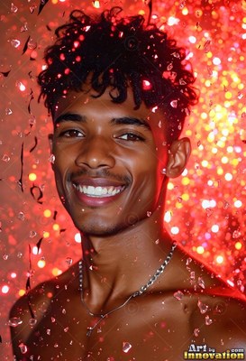 In red light behind falling drops of water, a shirtless man with a smile wears a silver chain