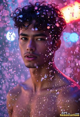 Standing in cascading water, a shirtless man looking forward in bright purple light