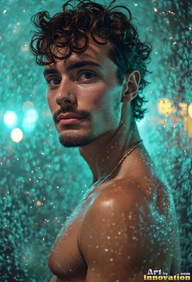 A shirtless man with wet curly hair in blue light with falling drops of water
