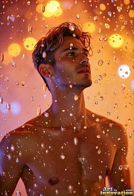 Wet ruffled hair tops a shirtless man looking up through falling rain in amber light