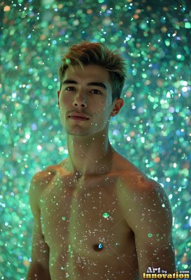 A shirtless man stands looking forward as bright falling drops of water shine green around him