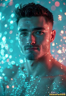Facing forward, a bare-chested man stands in falling teal and pink drops of water