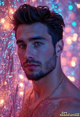 A man looks forward beside silver foil against sparkling pink lights
