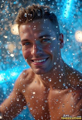 Under bright blue water droplets, a smiling shirtless man looking forward