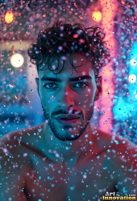 Looking forward through water falling down drops, a shirtless man rests in blue light