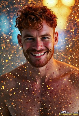 A smiling red-haired man surrounded by yellow sparkles of light