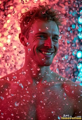 Smiling with wet messy hair, a bare-chested man stands in cascading water droplets lit by red and blue lights