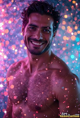 A smiling man without a shirt stands in falling pink and blue circles of light