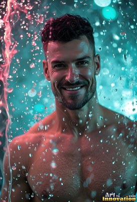 A grinning shirtless man faces forward as water falls around him in teal light