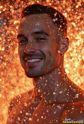 A man smiling without a shirt stands in bright orange light surrounded by droplets of water