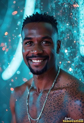 In bright teal light, a smiling shirtless man with wet skin wears a silver chain