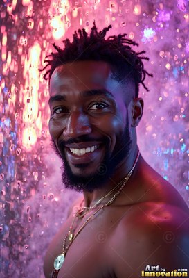 Smiling in a shower of water, a shirtless Black man stands in bright purple light
