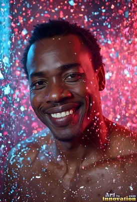 Happy man in falling water droplets under pink and blue light